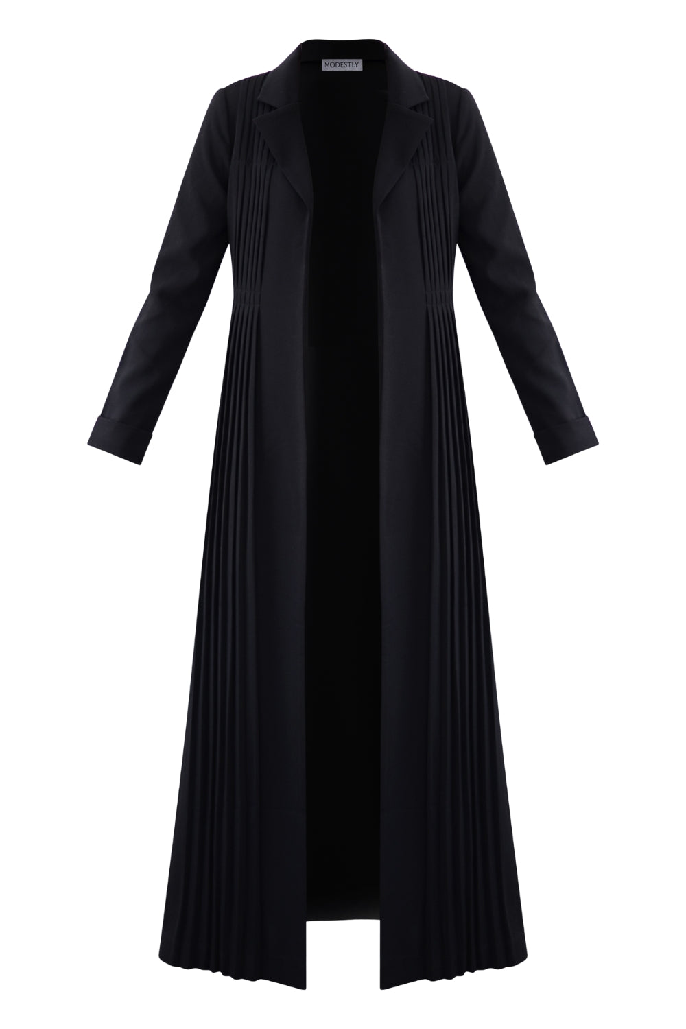 Flat lay of black Amani Pleated Blazer showing pleated front and lapel collar