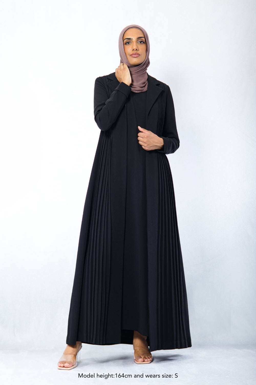 Modest Amani Pleated Blazer Set in black with hand-pleated front, worn by hijabi model in studio setting