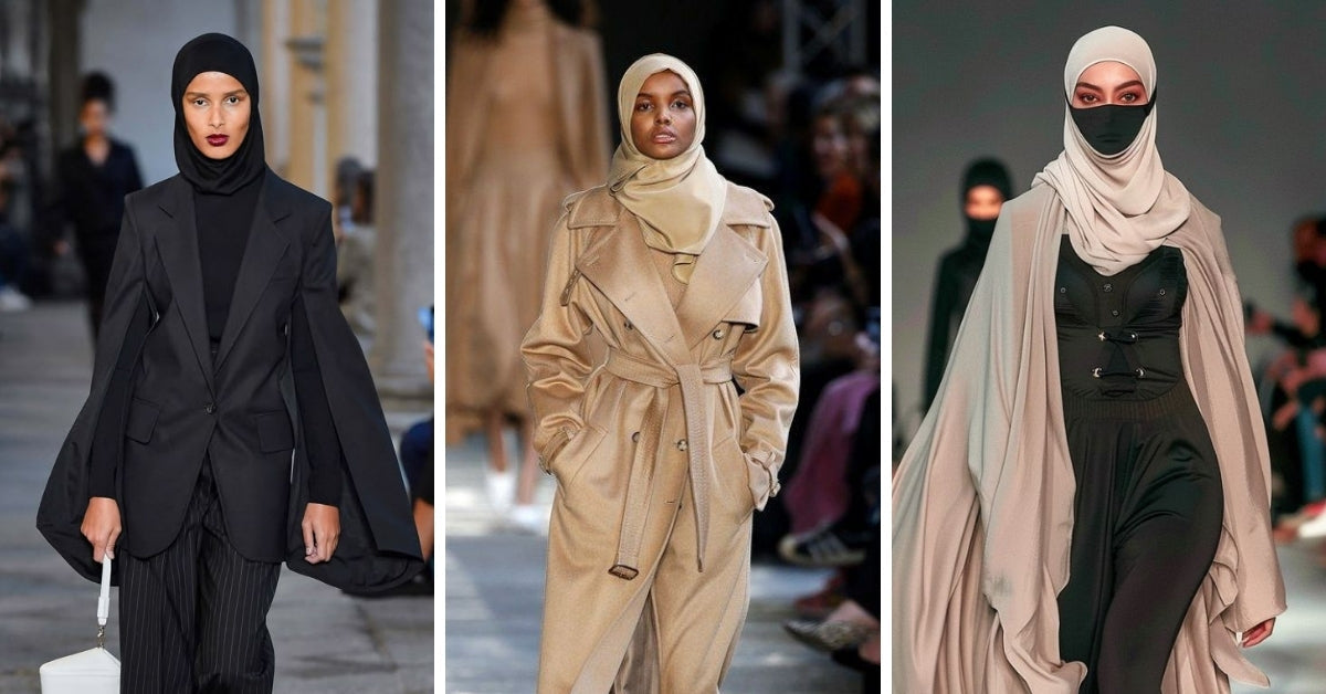 Runway models wearing high-fashion modest outfits, including a beige cape with black jumpsuit, a camel trench coat, and a tailored black blazer with pinstriped trousers