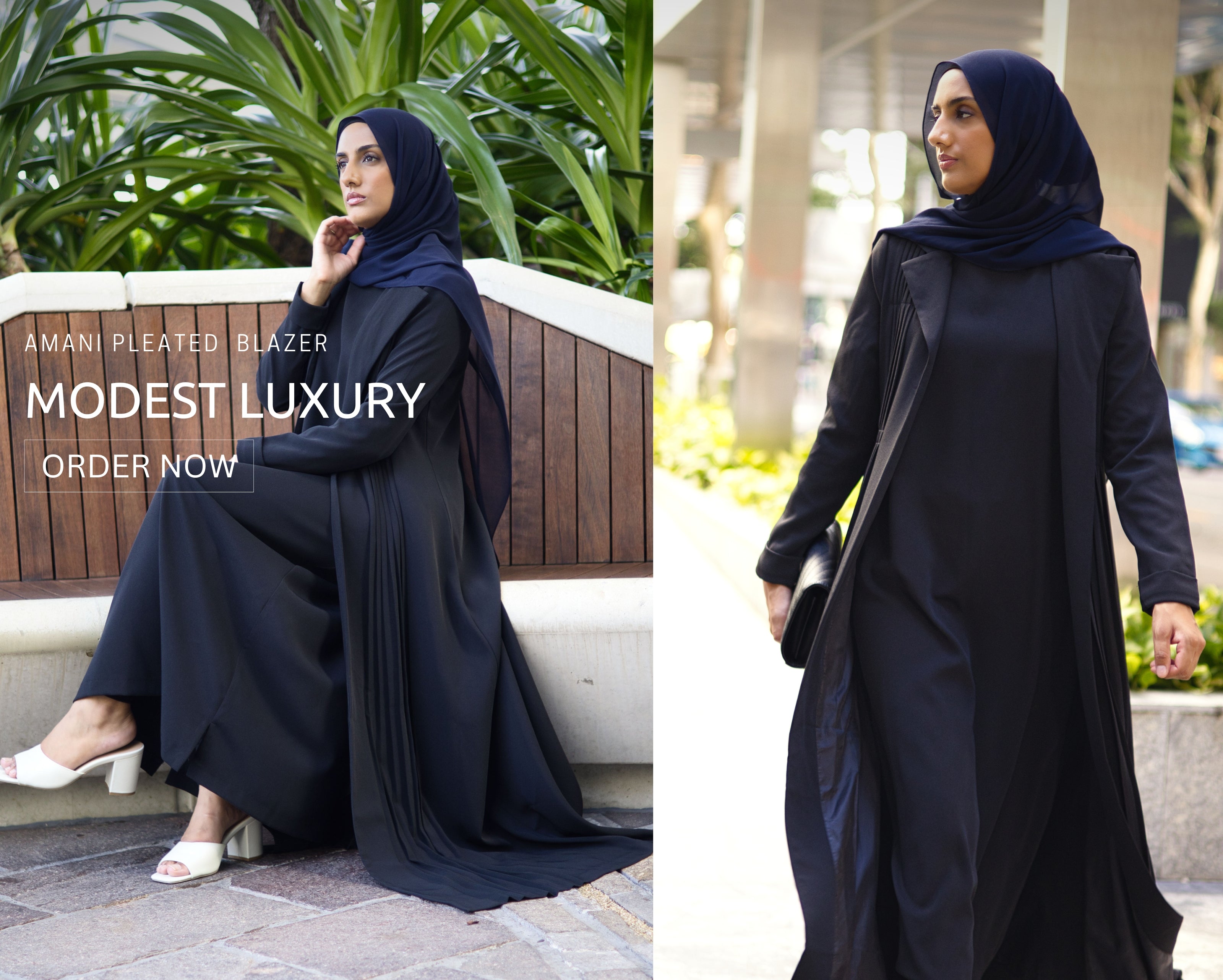 Muslim woman wearing the Amani Pleated Blazer Set in black, seated and walking outdoors, showcasing elegant modest fashion for formal and everyday wear.