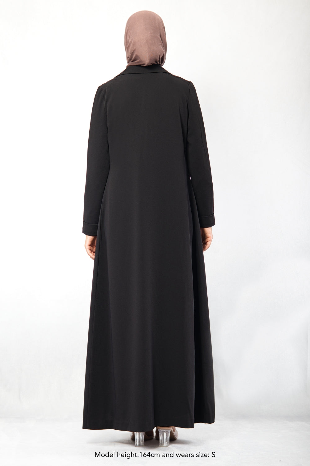 Back view of black Amani Pleated Blazer Set showing modest full-length design with smooth crepe fabric