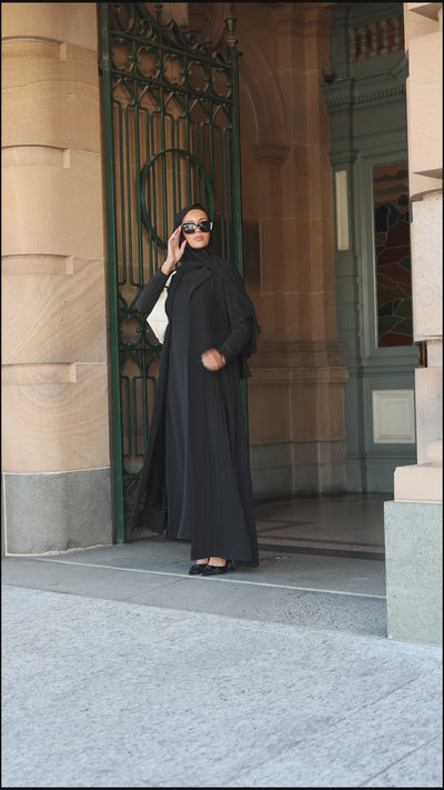 Fashion-forward modest wear — Amani pleated blazer set styled in lifestyle scenes for everyday elegance