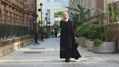 Fashion-forward modest wear — Amani pleated blazer set styled in lifestyle scenes for everyday elegance